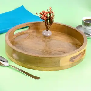 Hot Sale High Quality 12 inch mango Wood Decorative Tray Round Wooden Serving Tray with handles