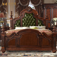 Lit double Weimusen en cuir véritable de style américain, grand lit princesse vintage en acajou, avec coussin souple gravé, en bois massif de style français