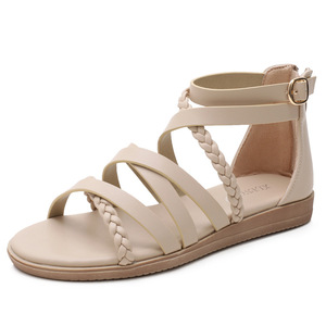Brown Genuine Leather Ankle Strap <b>Flat</b> <b>Sandals</b> with Braided Detail Open Toe Buckle Closure Summer Women Shoes Drop Shipping - Product Image 2