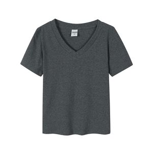 T-shirts pour femmes en coton 92% et élasthanne 8%, col en V uni, manches courtes, coupe ajustée, t-shirts courts pour filles - Product Image 1