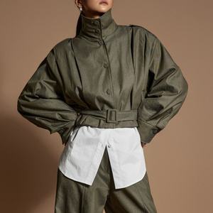 Nouvelle veste en coton surdimensionnée et courte pour femmes, légère, tendance, avec ceinture et détail plissé - Product Image 1