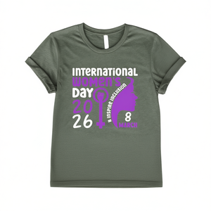 T-shirt per la Giornata Internazionale della Donna 2026 da donna, stampa viola, casual, girocollo, manica corta, 100% cotone jersey, vestibilità aderente - Product Image 1