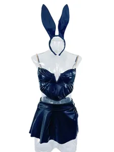 Sexy Role Play Lingerie Set Women Bunny PU Adjustable Metal Chain Crop Top with Elastic Waist Slit Skirt Cosplay <strong>Rave</strong> <strong>Costumes</strong> - Product Image 5