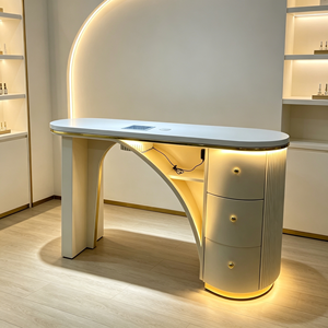 Table de manucure blanche de luxe avec éclairage LED, lampe de bureau dorée, 3 tiroirs de rangement, panneau cannelé, table de salon de manucure moderne - Product Image 2