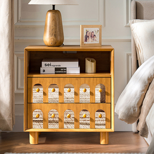 Two <b>Drawers</b> Nightstand Wood Storage Cabinet With Open Shelf And Mirrored Front For Bedroom Use - Product Image 2