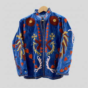 Wholesale Women Blue <b>Velvet</b> <b>Jacket</b> Hand Embroidered Vintage Ethnic Boho Open Front Coat Short Casual Winter Outerwear - Product Image 1