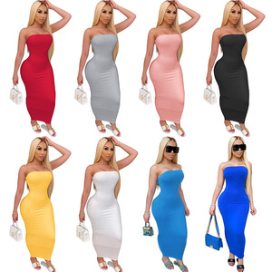 Nuovo Arrivo 2022 di Tendenza Abito Lungo da Donna Elegante e Sexy <span class=keywords><strong>Senza</strong></span> <span class=keywords><strong>Spalline</strong></span> Aderente Tinta Unita <span class=keywords><strong>Senza</strong></span> Maniche Fasciante sui Fianchi - Product Image 1