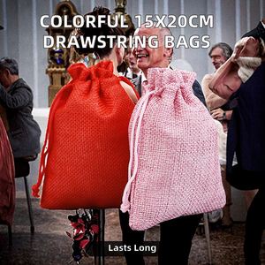 ถุงผ้ารูดสีสันสดใส ขนาด 15x20 ซม. สำหรับใส่ของขวัญในงานคริสต์มาส งานแต่งงาน หรืองานเลี้ยง ทำจากผ้ากระสอบป่าน - Product Image 2