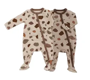 Custom Baby Infants Bamboo Cotton Colorful Stone Prints Pajamas Newborn Baby Snaps Down Footed Rompers