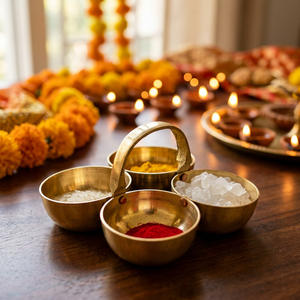 Brass 4 Bowl Pooja Roli Chawal Holder with Center Handle Traditional Pure Brass Kumkum Tilak Container Stand for <b>Mandir</b> Puja - Product Image 3