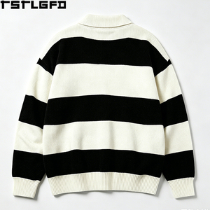 Pull Polo Rayé Personnalisé Tricoté Épais à Manches Longues Style Old Money Coupe Oversize Vente en Gros - Product Image 2
