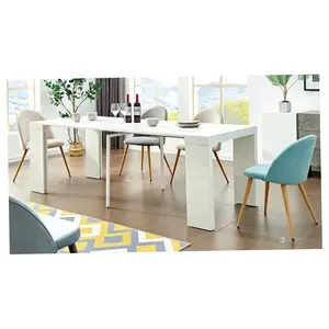 Mesa de comedor comercial, gran familia, 16 asientos, madera de esquina, superior, habitación de lujo, se abre, resina, ovalada, Indonesia, color blanco