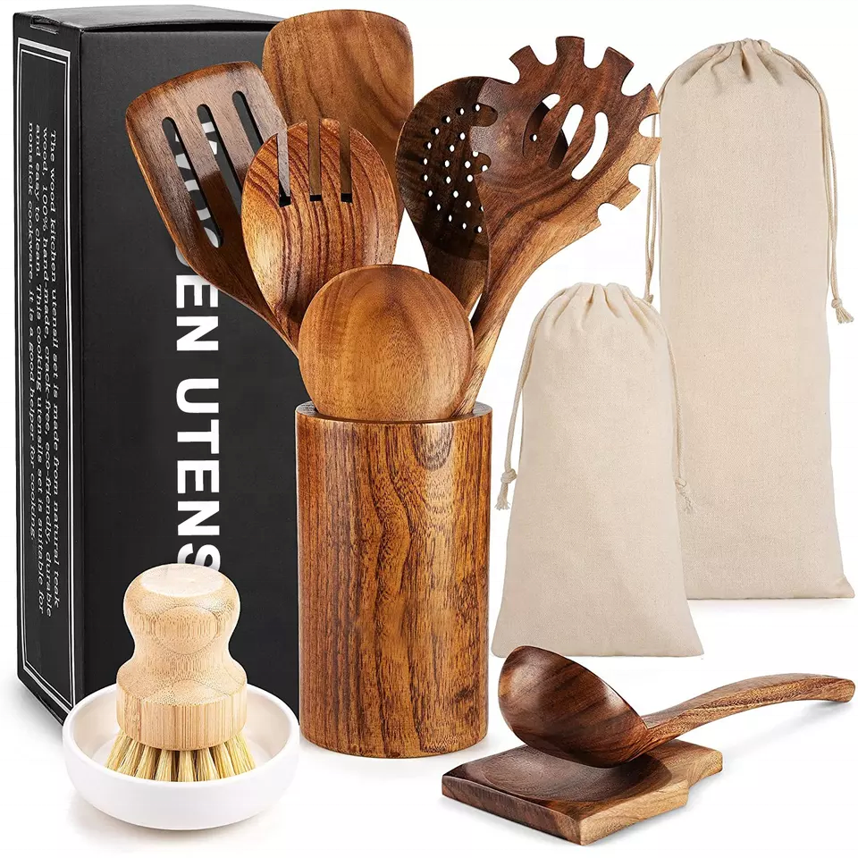 Venta al por mayor de accesorios de cocina de madera de teca utensilios de cocina de madera utensilios de cocina conjunto de utensilios de cocina de madera conjunto