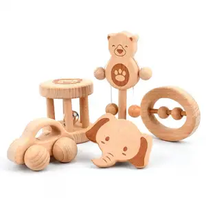 סיטונאי עץ חינוכיים צעצועי אריה עיצובים עגול תוף Fixer עץ מכונית תינוק שיני רעשן סט צעצועי עבור תינוק