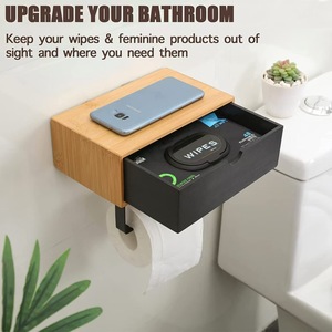 Wall Mounted Wooden Toilet <b>Paper</b> Holder Rectangular <b>Black</b> Drawer Storage Rack For Bathroom Multipurpose <b>Tissue</b> Organizer - Product Image 2