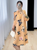 Miyake haut de gamme Style chinois amélioré Cheongsam décolleté Vertical imprimé papillon ample grande taille plissée tenue décontractée