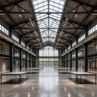 Salle d'exposition à ossature métallique avec poutres de toit apparentes, murs en verre et entrée large