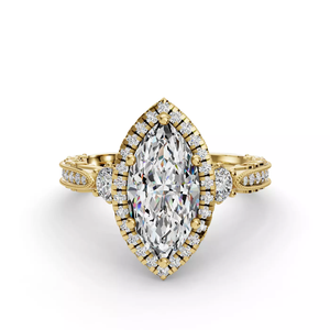 Anillo de Compromiso de Oro de 14K con Diamante Cultivado en Laboratorio de Corte Marquesa, con Detalles Intrincados de Filigrana y Halo Elegante con Piedras Laterales - Product Image 1