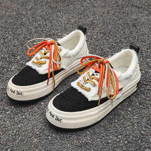 Erkek Siyah Beyaz Yıpranmış Tekstil Patchwork Platform Kaykay Spor Ayakkabıları Çok Renkli Çizgili Bağcıklı Boy Uzatıcı Retro Eskitme Görünümlü - Product Image 5