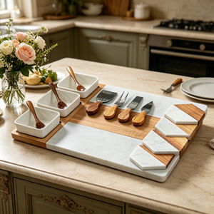Ensemble de planches à fromage en marbre et bois d'acacia avec des plats en céramique et des outils en acier inoxydable pour servir et couper - Product Image 1
