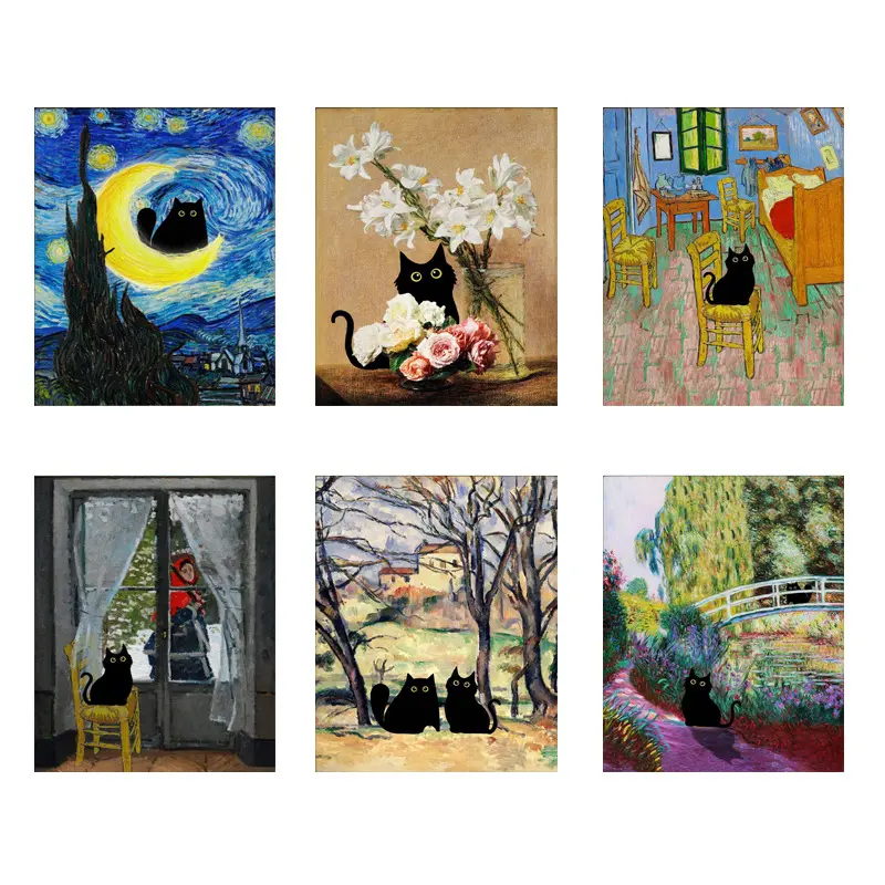 Pósteres personalizados de Monet y Van Gogh, pinturas de fama mundial, carteles creativos de gatos, pinturas colgantes de dormitorio, carteles impresos