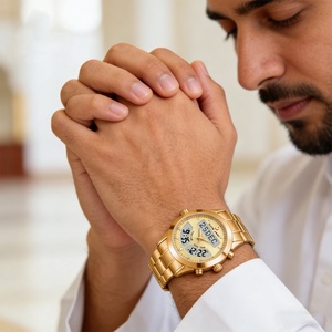 Nouvelle montre électronique à quartz Azan, classique, en alliage d'acier inoxydable, montre de prière islamique, double heure, double langue, étanche - Product Image 6