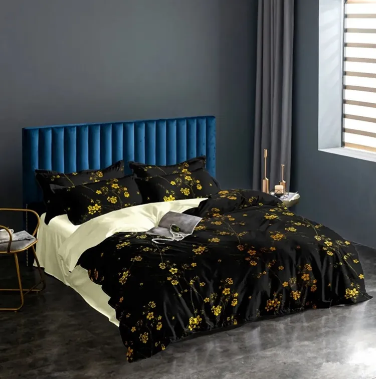 Set Tempat Tidur Bulu Gaya Modern Rumah Tekstil Abu-abu, Set Sarung Duvet Pola Bunga Perunggu Cantik Emas Mewah