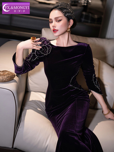 FMY Abito in <span class=keywords><strong>velluto</strong></span> rosso e viola con perline per donna, <span class=keywords><strong>maniche</strong></span> <span class=keywords><strong>lunghe</strong></span>, elegante autunno e inverno, abito da banchetto e da festa 66584 - Product Image 2