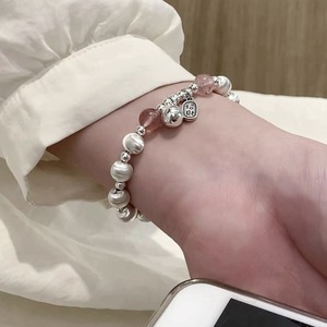 S925 Sterling Silver Beaded <b>Bracelet</b> With Strawberry Quartz And Cat's Eye <b>Beads</b> For Women Everyday Wear - Product Image 4