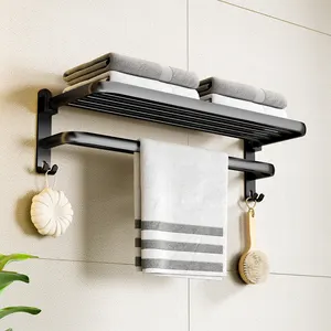 Bathroom Towel Rack Set Black Bathroom Accessories Set Marble Bathroom Vanity Salon Towel Shelf Punch-free Aluminium Modern 40CM