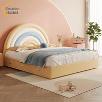 Lit double moderne pour enfants, motif arc-en-ciel, cadre en tissu, bois de pin, cuir souple, sommier réglable, 120x190/150x190cm, chambre à coucher