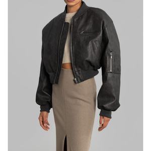 Veste bomber courte zippée en similicuir noir vintage, veste de rue, vêtement d'extérieur personnalisé OEM - Product Image 2
