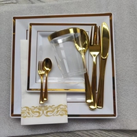 Service de vaisselle doré pour 25 invités, assiettes carrées en plastique à bord doré jetables et résistantes, ensemble d'argenterie dorée pour fête