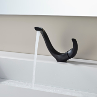 Grifo de lavabo moderno contemporáneo de latón, monomando alto, montado en encimera, superficie en negro, válvula cerámica, para baño.
