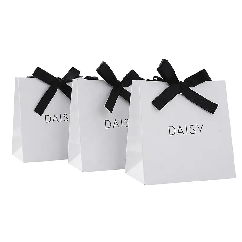 Customize Printed Your Own Logo Hot Stamping White Gift Bow Packing Cheap Luxury Shopping Paper Bag With Ribbon Handle