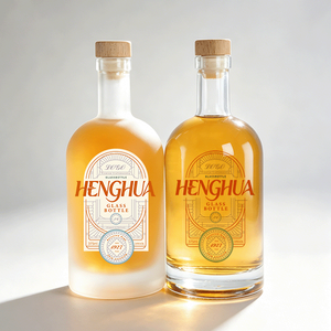 Venta Caliente: Botellas de Vidrio Vacías Redondas Esmeriladas Transparentes/Negras de 100ml, 200ml, 375ml, 500ml, 750ml y <span class=keywords><strong>1L</strong></span> para Licor, Vodka, Ron, Brandy, Ginebra con Tapón de Corcho - Product Image 2