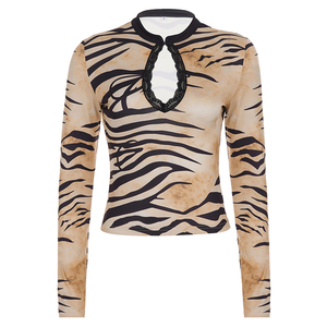 Womens Leopard Print Lace Trim Top <b>Mesh</b> Cutout Keyhole Neck Long Sleeve Tee Patchwork Detail Y2K Vintage Streetwear <b>Shirt</b> - Product Image 6