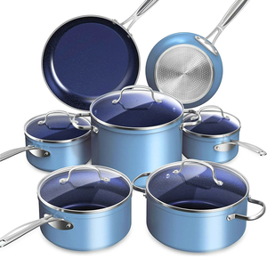Batterie de cuisine 12 pièces en céramique bleue antiadhésive avec couvercles en verre et poignées en acier inoxydable, compatible gaz et induction – Offre spéciale - Product Image 1