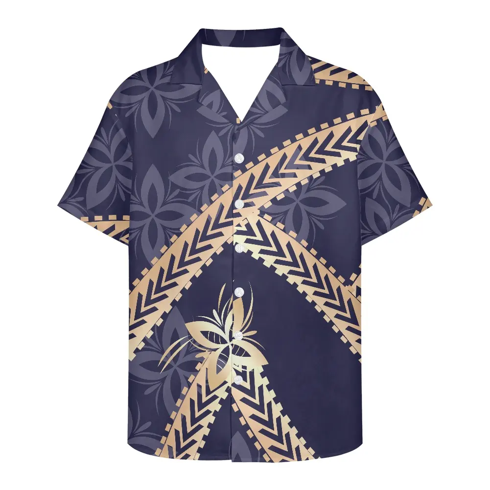 Low Price Polynesian Tapa Tattoo Printing Men Blouse Summer V-neck Buttons Top Men Leisure Short Sleeve T-shirt High Quality