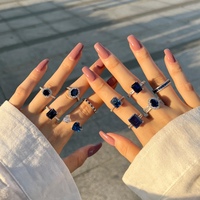Vente en gros de nouveaux bijoux à la mode en argent S925 avec anneaux ouverts réglables en forme de double cœur rose et bleu pour femmes