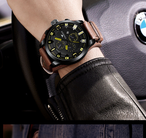 Montre à grand cadran pour hommes, bracelet en cuir, tendance, pour étudiants, à la mode, décontractée, étanche - Product Image 5