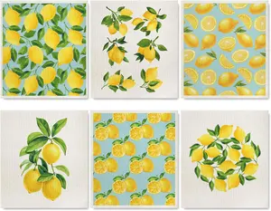 Wholesale Custom Printed Biodegradable Kitchen Cleaning Dishcloth Lemon Print Cellulose Sponge Cloth Swedish Dish Cloth