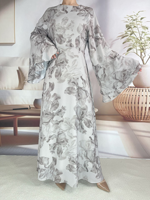 Sharut 2025 Nouvelle Abaya Musulmane pour Femmes en Chiffon de Dubaï, Émirats Arabes Unis, Couleur Bleue, Motif Floral, Double Couche, Manches Évasées, Style Modeste et Fluide