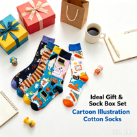 Chaussettes à motif de dessins animés amusants, chaussettes en coton colorées et tendance, logo personnalisé en gros et emballage en boîte cadeau