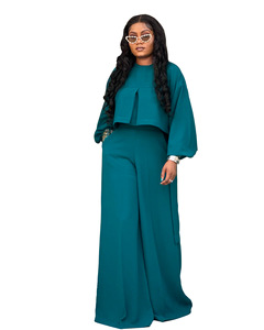N8153-2026 Nuevo Conjunto de 2 Piezas para Mujer, Talla Grande 4XL, Estilo Casual, Color Sólido, Top Corto con Mangas Farol y Pantalones Anchos Holgados - Product Image 3