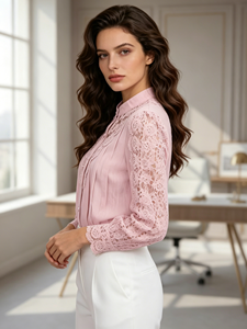 Blusa de Gasa Rosa para Mujer SWEET BABE con Ribete de Encaje de Ganchillo, Transpirable, Prenda de Verano Elegante con Logotipo Frontal - Product Image 2