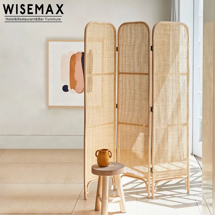 WISEMAX FURNITURE Modern simple room divider three rattan panels partition interior folding screen