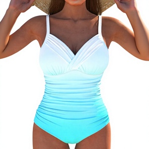 Maillot de bain une pièce personnalisé pour femme, imprimé floral bleu - Col halter avec effet ventre plat, maillot de bain élégant pour la plage - Product Image 1