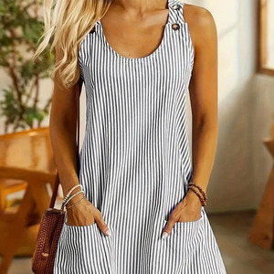 Nouvelle Robe Décontractée à Col Rond avec Poches et Bretelles Rayées, Boutons, Robe Courte d'Été Unie Sans Manches pour Femme - Product Image 2