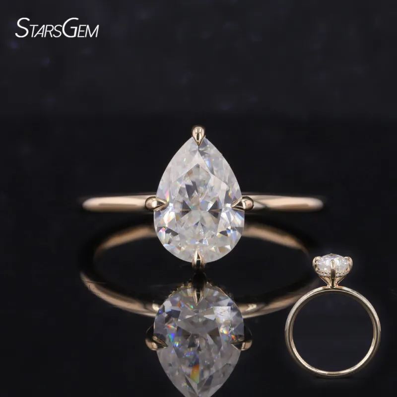 Starsgem Fine Jewelry Classic 14k Yellow Gold Pear Cut E Color VVS1 Lab Diamond Ring Anel de Noivado Unisex